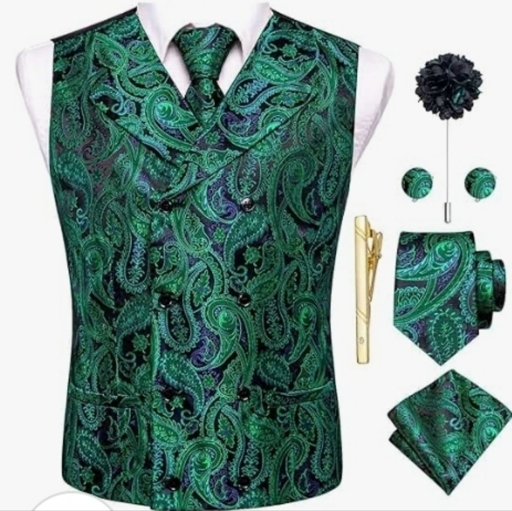 Green Paisley Double-Breast Vest and Tie Set